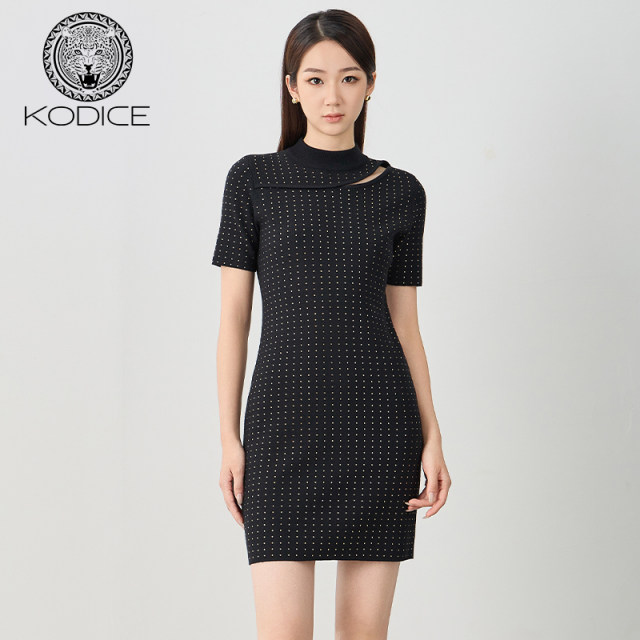 kodice autumn and winter new women's black half-high neck hot diamond hollow knitted dress slim short-sleeved fashion