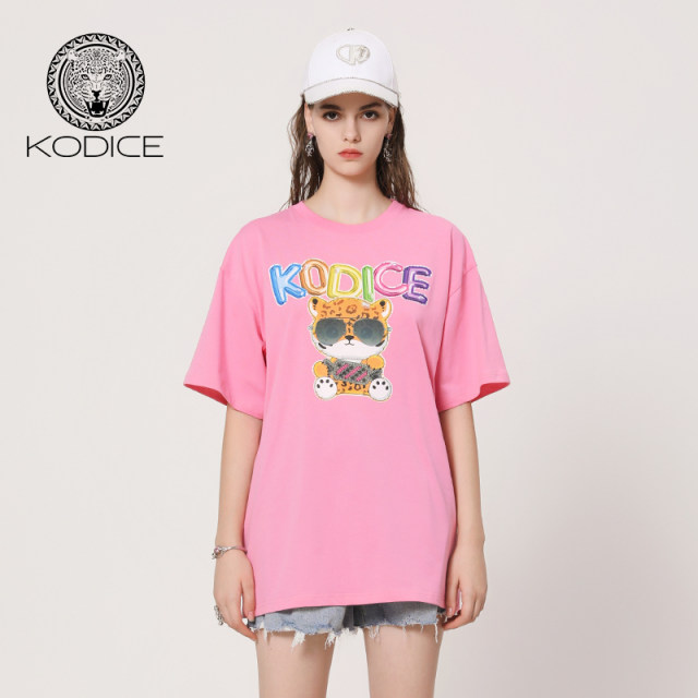 kodice spring and summer new pink cotton round neck T-shirt short-sleeved top cartoon printed loose casual women's clothing