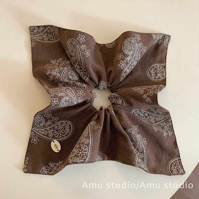 Brown cashew flower printed square scarf large intestine hair tie for women Korean style square hair tie side low ponytail hair rope