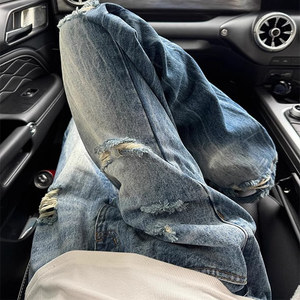 
Lightning pattern blue jeans men's niche design cleanfit ripped pants American high street long pants