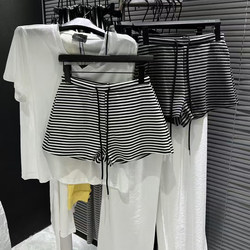 Striped Color-Block Casual Sports Shorts for Women 2026 Summer Thin Lace-Up High-Waisted Slimming Wide-Leg Hot Pants Shorts