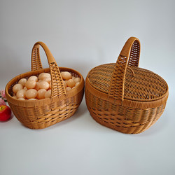 Oval Large-Capacity Hand-Held Basket with Lid, Handmade Imitation Rattan Woven Egg Basket, Outdoor Picnic Fruit Shopping Basket