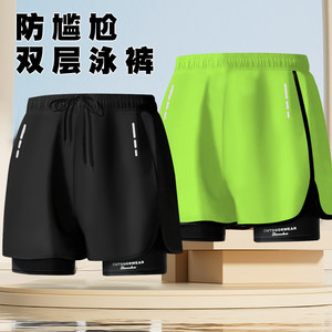 
New men's double-layer anti-embarrassing boxer swim trunks quick-drying hot spring swimming equipment large size beach swimsuit running
