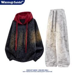 Wassup Saidd Tie-Dye American-Style Hooded Sweatshirt Men's Spring and Autumn Sports Suit Loose Men's Casual Long Pants Trendy