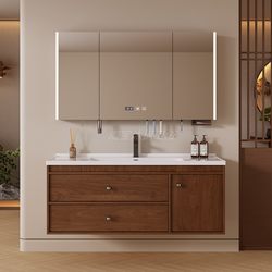 Mufeng Youjia Walnut-Colored Mid-Century Style Solid Wood Bathroom Cabinet with Integrated Ceramic Basin Washbasin Vanity