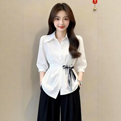 Three-Quarter Sleeve Tie-Waist Shirt for Women, 2026 Spring New Style, Plus Size, Slimming Design, Stylish Workwear Top