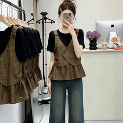 Plus-Size Korean-Style Retro Fake Two-Piece Short-Sleeve Shirt for Women, 2026 Summer New Style, Slim-Fit Waist-Cinching Top for Chubby Women, Age-Reducing