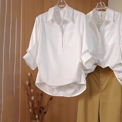 Plus-Size Designer Pure Cotton White Short-Sleeve Shirt for Women, Early Spring New Style, Slimming Casual Versatile Turn-Down Collar Top for Curvy Women