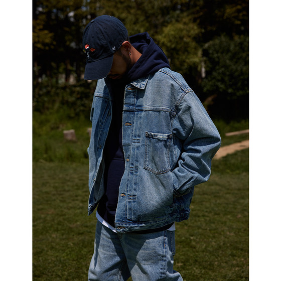Quentin marx men's heavy water washed denim jacket jacket casual loose men's denim denim tide men's autumn