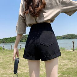 Black Denim Shorts for Women, Summer Plus Size, High-Waisted, Stretchy A-Line Shorts, Hip-Covering, Slimming, Rolled Hem, Wide-Leg Hot Pants