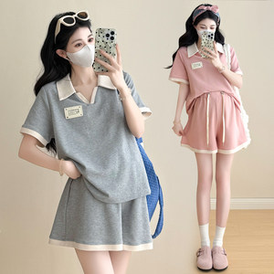 
Large size maternity suit summer new style lapel short-sleeved contrast T-shirt top + wide-leg shorts two-piece set 200*0.5kg