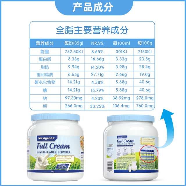 Australia Michezo Blue Fat Milk Milk Adult Middle -aged and Elderly Full -fat High Calcium Student Growing Milk Powder
