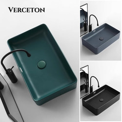 Nordic Dark Green Artistic Countertop Basin for Home Bathroom, Single Basin Ceramic Integrated Washbasin