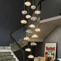 Villa Duplex with High Ceiling, Spiral Staircase, Long Chandelier, Simple Modern Loft Apartment, Open Living Room Light