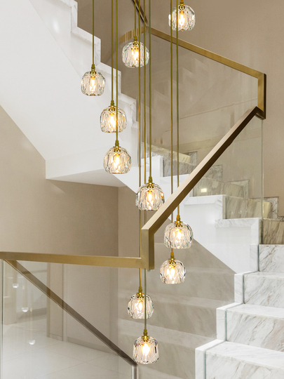 Escalera de caracol simple y moderna Araña de luces de cristal Bolas de techo Lámpara de burbujas de vidrio Lámparas colgantes grandes para sala de estar Pasillo Luces colgantes dúplex 10 bolas