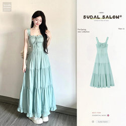 Mint Green Spaghetti Strap Dress 2026 New Women's Summer French Gentle Design Waist-Cinching A-Line Long Dress