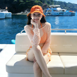 
Bikini swimsuit four-piece resort style striped one-piece swimsuit women's halter neck slimming seaside resort swimsuit long sleeves