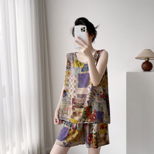 
Mother's artificial cotton suit, comfortable and breathable cotton silk pajamas two-piece set for middle-aged and elderly people, new two-piece set of sleeveless shorts