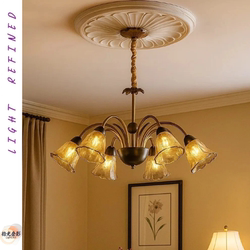 Medieval-Style American Retro Living Room Chandelier, Wabi-Sabi Style Walnut Wood Color Amber Glass Bedroom Dining Room Main Light