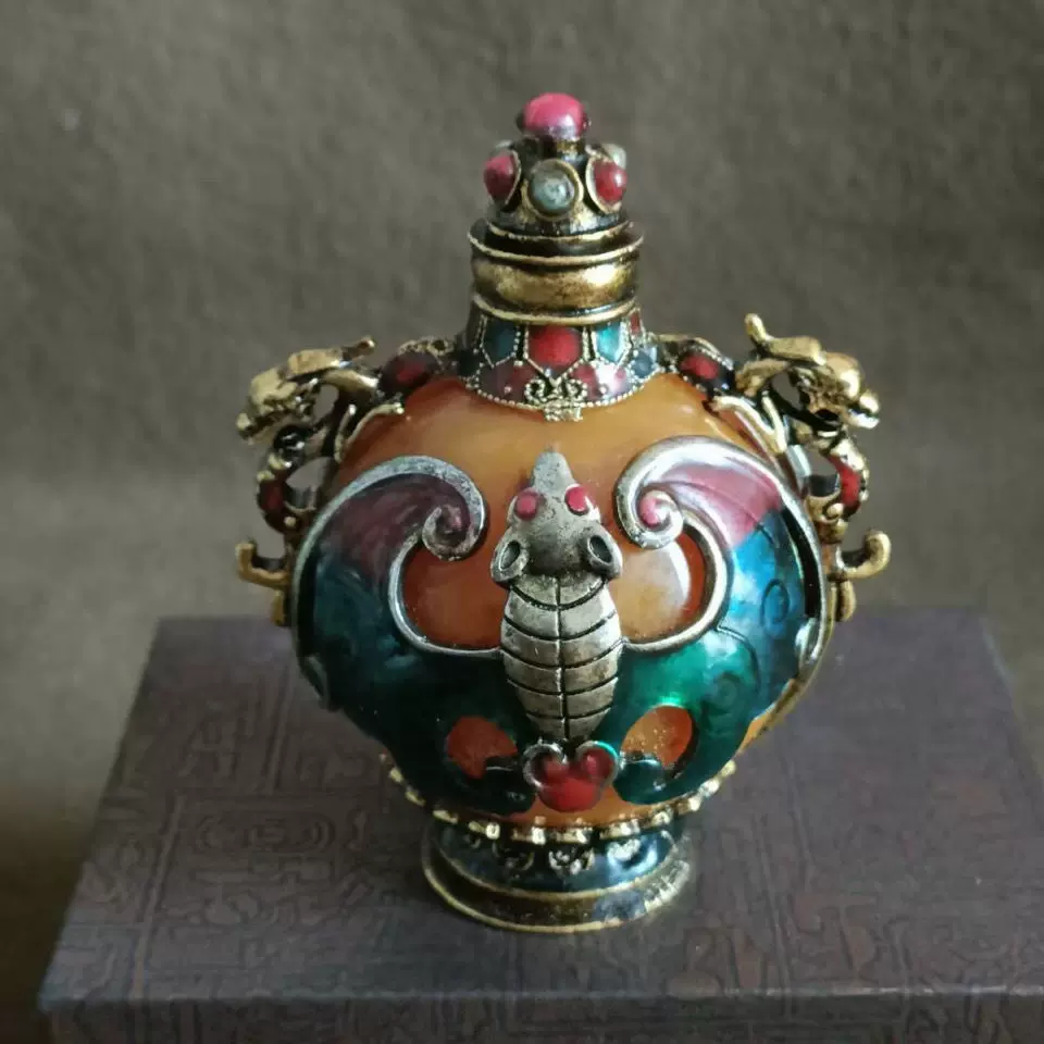 古玩收藏品双面纯铜蜜蜡镶景泰蓝鼻烟壶烟具内画鼻烟