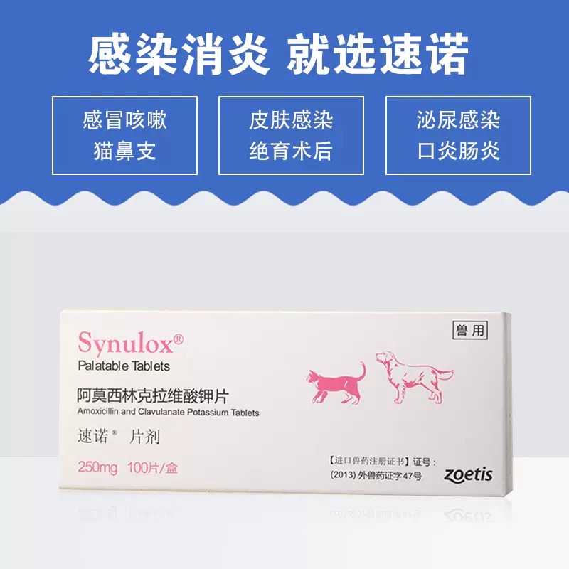 速诺猫250mg猫鼻支狗狗咳嗽泌尿感染感冒消炎 硕腾速诺片10粒