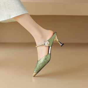 
New Chinese leather sandals for women with high heels wear summer slim heels pearl one-length strap pointed half-tow shoes
