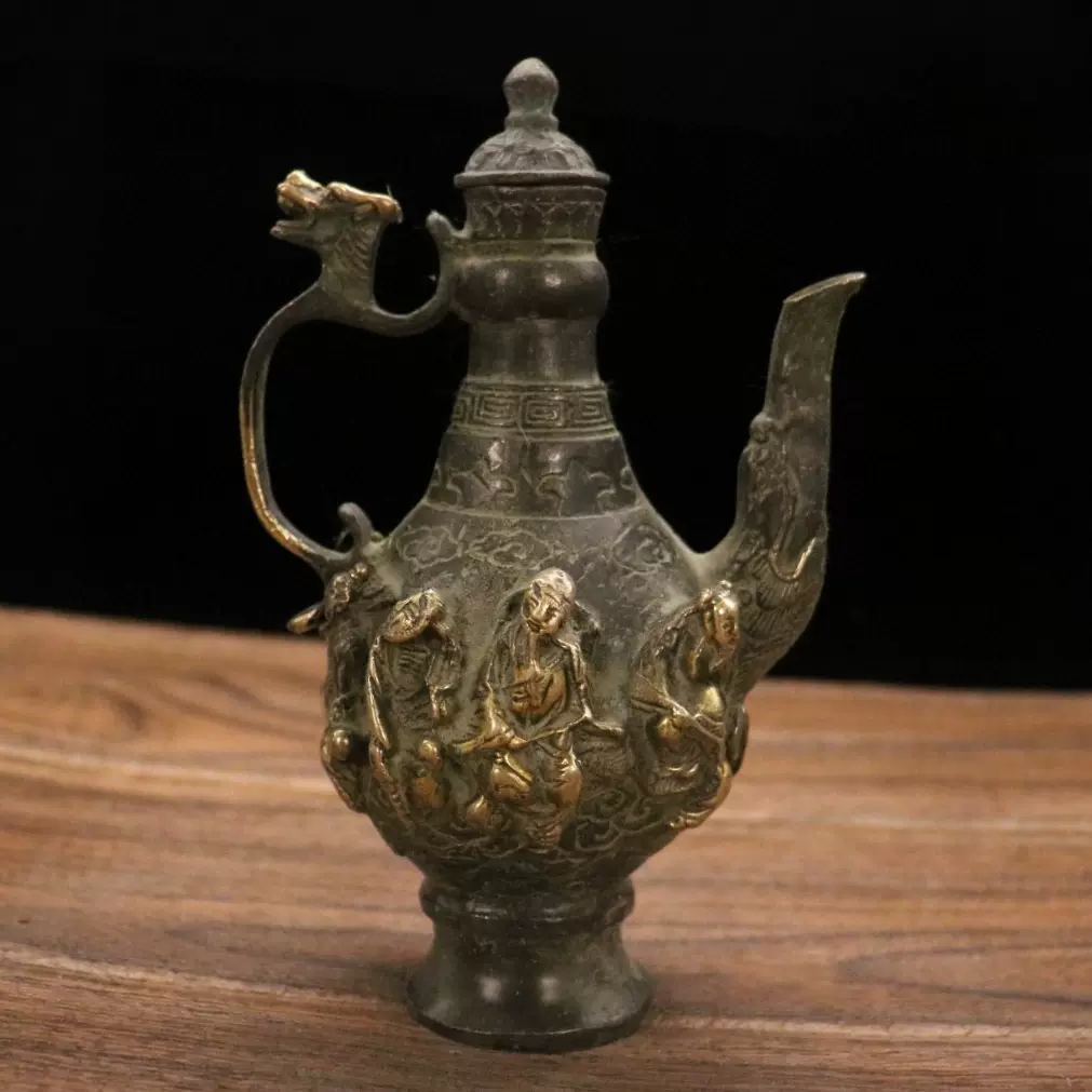 古玩铜器收藏纯铜鎏金八仙酒壶家居博古架装饰工艺品