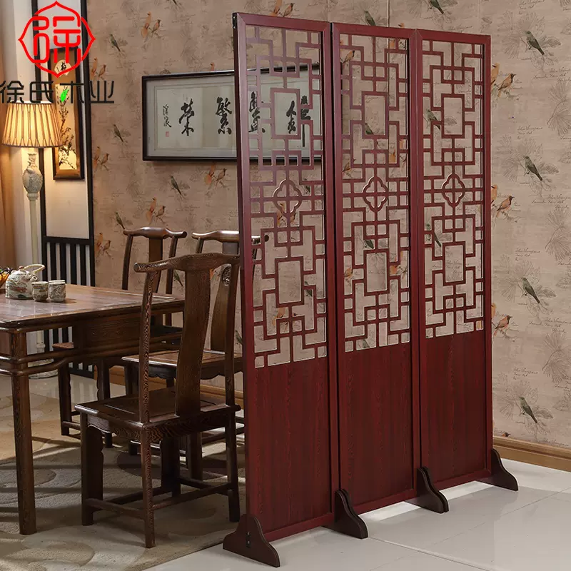 新中式屏风隔断客厅玄关复古古风中国风移动折叠实木质镂空红木色
