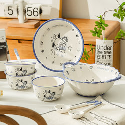 Cute Cartoon Ceramic Bowls and Plates for Home Use, Suitable for One or Two People, Including Bowls, Chopsticks, Spoons, and Tableware Sets, Rice Bowls, and Instant Noodle Bowls