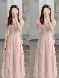 French Sweet and Gentle Style Super Fairy Chiffon Long Dress Summer New Plus Size Slightly Chubby Women's Waist-Slimming Dress