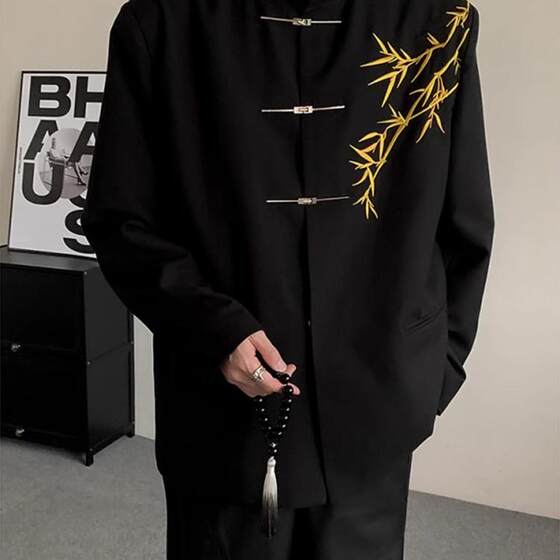 New Chinese Men's Engagement Clothes Set Chinese Style Standing Collar Zhongshan Clothes Gold Bamboo Embroidery Boy Adult Dress Suit
