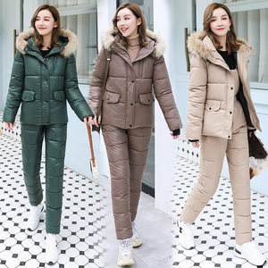 
Down cotton jacket women's suits, one-piece overalls, cotton pants, cotton jacket, hooded, wool collar, thickened cotton jacket, winter two-piece set
