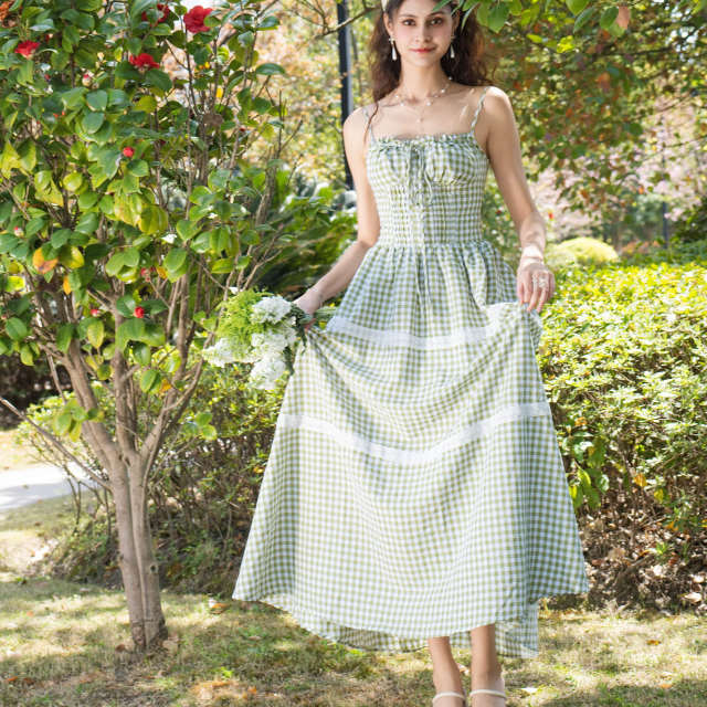 Bujiu Forest Elf Green Plaid Skirt Hem Waist-Close-up Sling New Summer Holiday Style Slim