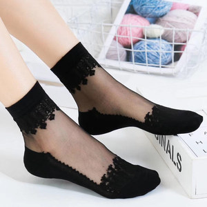 
Pure cotton-bottomed stockings for women's thin mid-tube socks autumn black crystal glass ice silk breathable wear-resistant transparent lace short socks