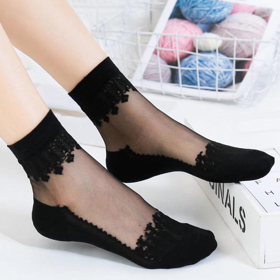 
Pure cotton-bottomed stockings for women's thin mid-tube socks autumn black crystal glass ice silk breathable wear-resistant transparent lace short socks