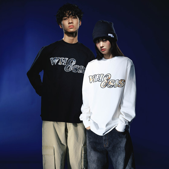 
WHOOSIS (not known as it is) lace patch long-sleeved T-shirt simple and versatile loose autumn men and women campus trend