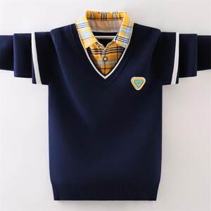 
Two fake sweater for boys, autumn and winter plus velvet thickened children's cotton sweater, medium-sized children's fashionable baby base shirt