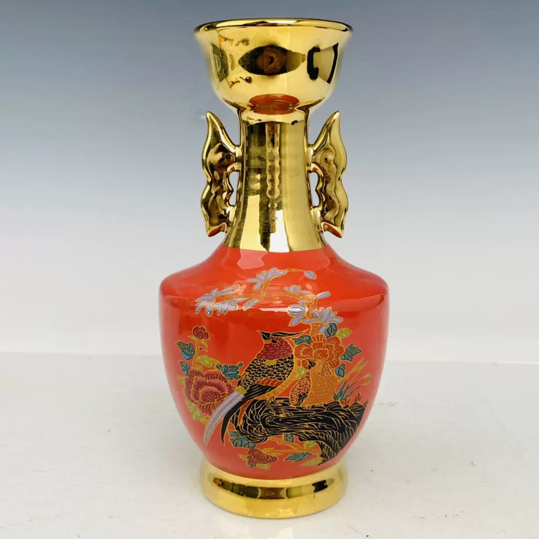 古董古玩瓷器，乡下收的清代汝瓷描金加彩瓷瓶高18.5直径9厘米-Taobao