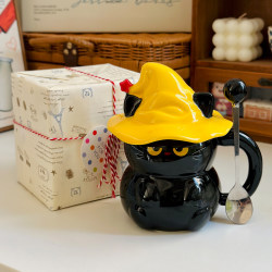 Cute Magic Hat Cat Ceramic Water Cup with Lid and Spoon, High-Value Office Mug, Birthday Gift for Girls
