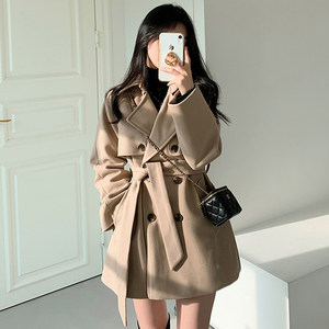 South Korea Chic autumn and winter French temperament suit collar lace, waist, thin long sleeves, small woolen coat jacket
