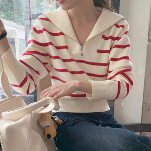 Korean chic autumn retro temperament semi-zipper navy collar loose casual versatile long sleeve striped knit sweater