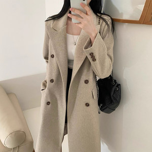 Korean chic autumn and winter French retro lapel double breasted loose medium long suit woolen coat women's coat