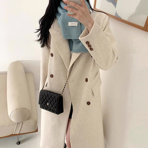 
Korean chic autumn and winter French high-end suit collar double-breasted loose versatile long woolen coat for women