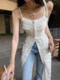 Korean chic summer French elegant square collar single-breasted heavy industry lace design suspender dress for women