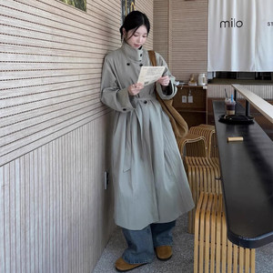 
High-end temperament stand-up collar double-breasted solid color windbreaker jacket for women autumn new style strap waist slimming long top