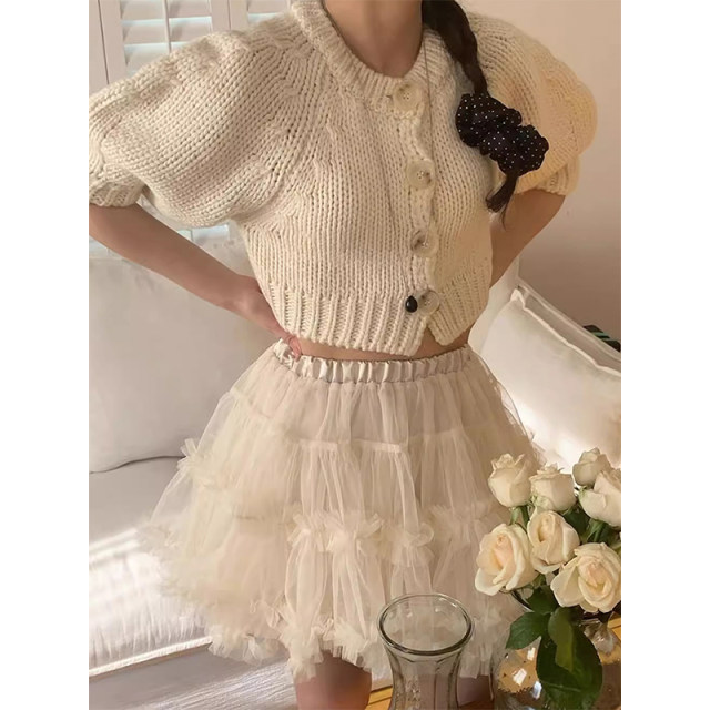 Korean chic spring sweet and gentle style heavy industry mesh splicing high waist versatile fluffy cake skirt women's