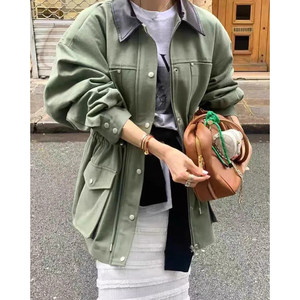 Retro personalized PU leather lapel multi-pocket work jacket for women 2025 autumn new drawstring waist jacket top