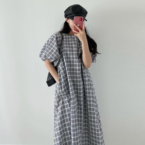 
French retro plaid contrasting short-sleeved dress for women in summer temperament lazy style loose casual puff sleeves long skirt