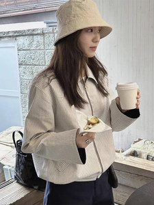 
Korean chic spring retro age-reducing lapel front and back two loose and versatile long-sleeved striped jacket for women