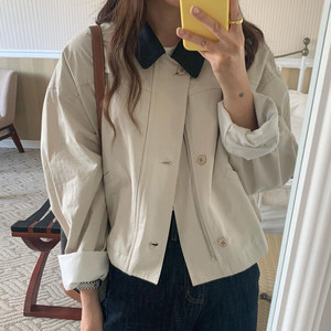 South Korea Chic autumn retro -fascinating lap lapel single buckle loose versatile long -sleeved dress jacket short outer set female
